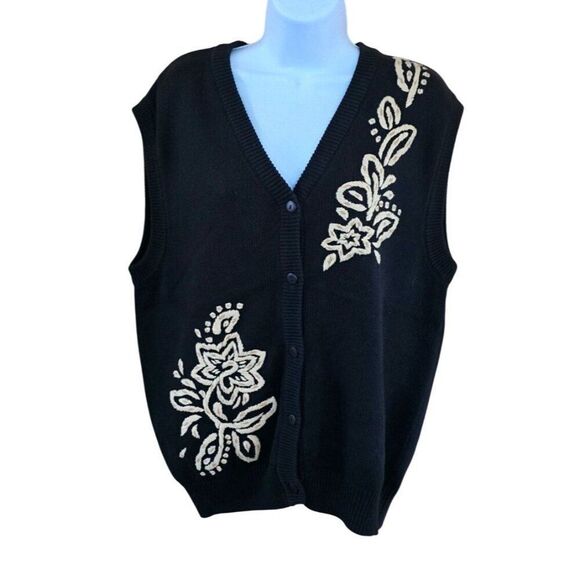Lilys Of Beverly Hills Black Floral Embroidered Sweater Vest boho cottagecore - Picture 1 of 8